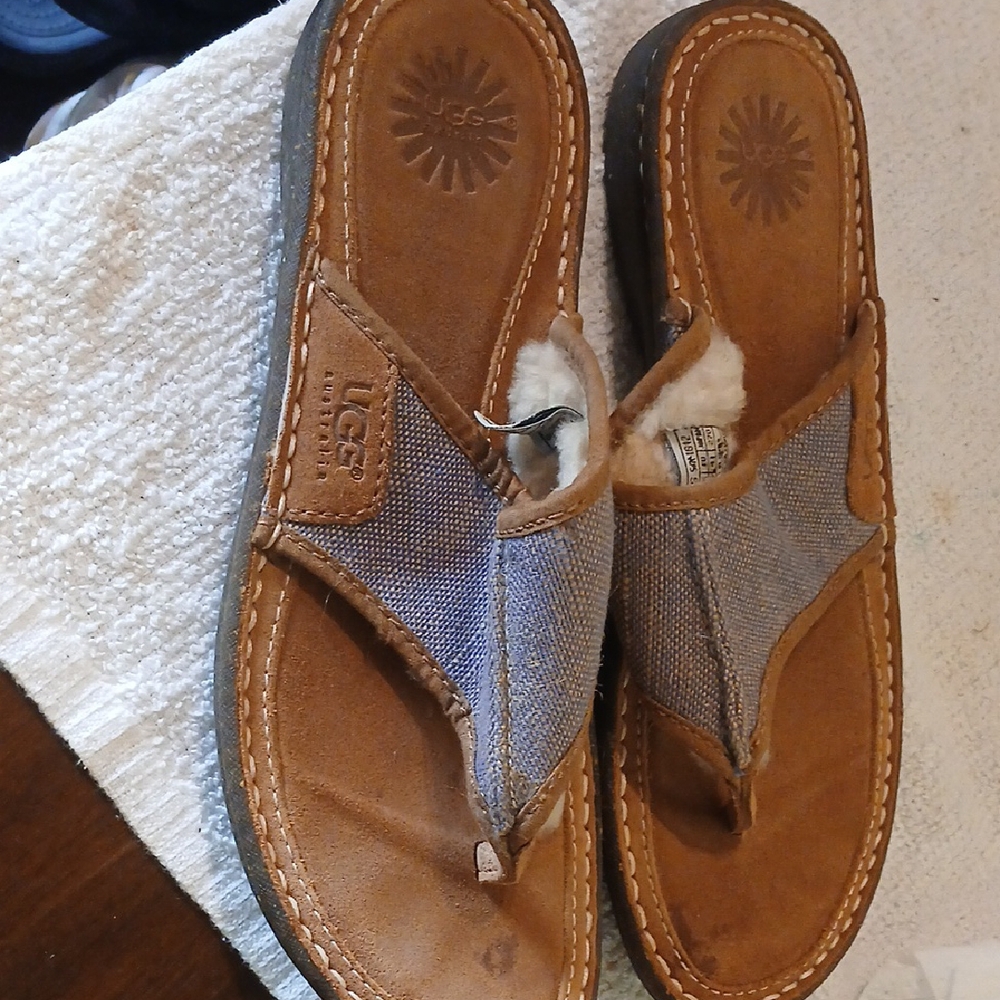 UGG Tan and Gray Shearling Sandals